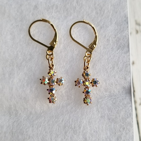 Tiny Iridescent Cross Earrings - Picture 2 of 5